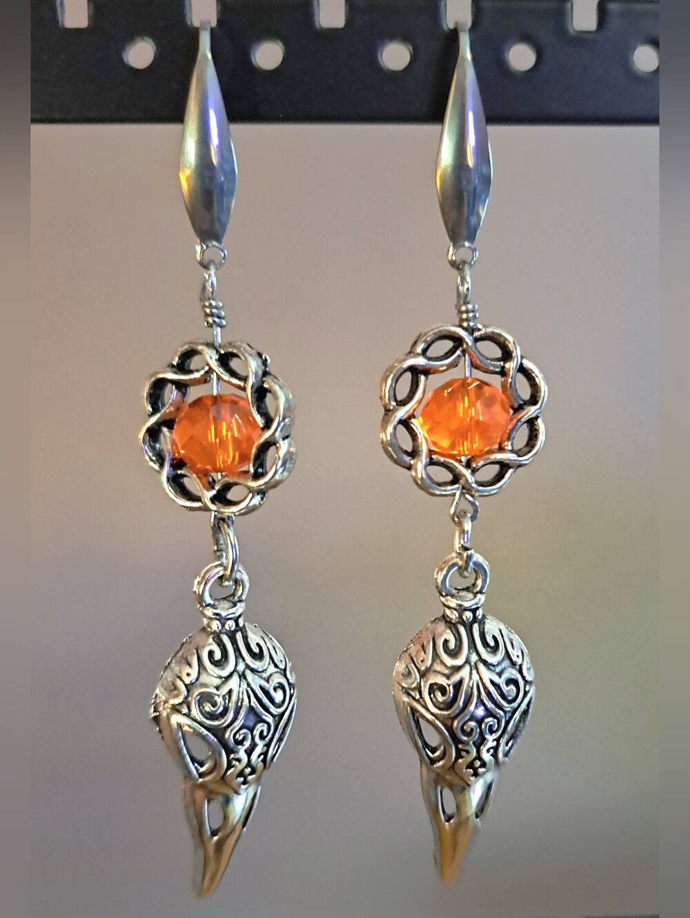 Antique Silver & Orange Crystal Bird Skull Earrings, 316 Stainless Steel Hooks